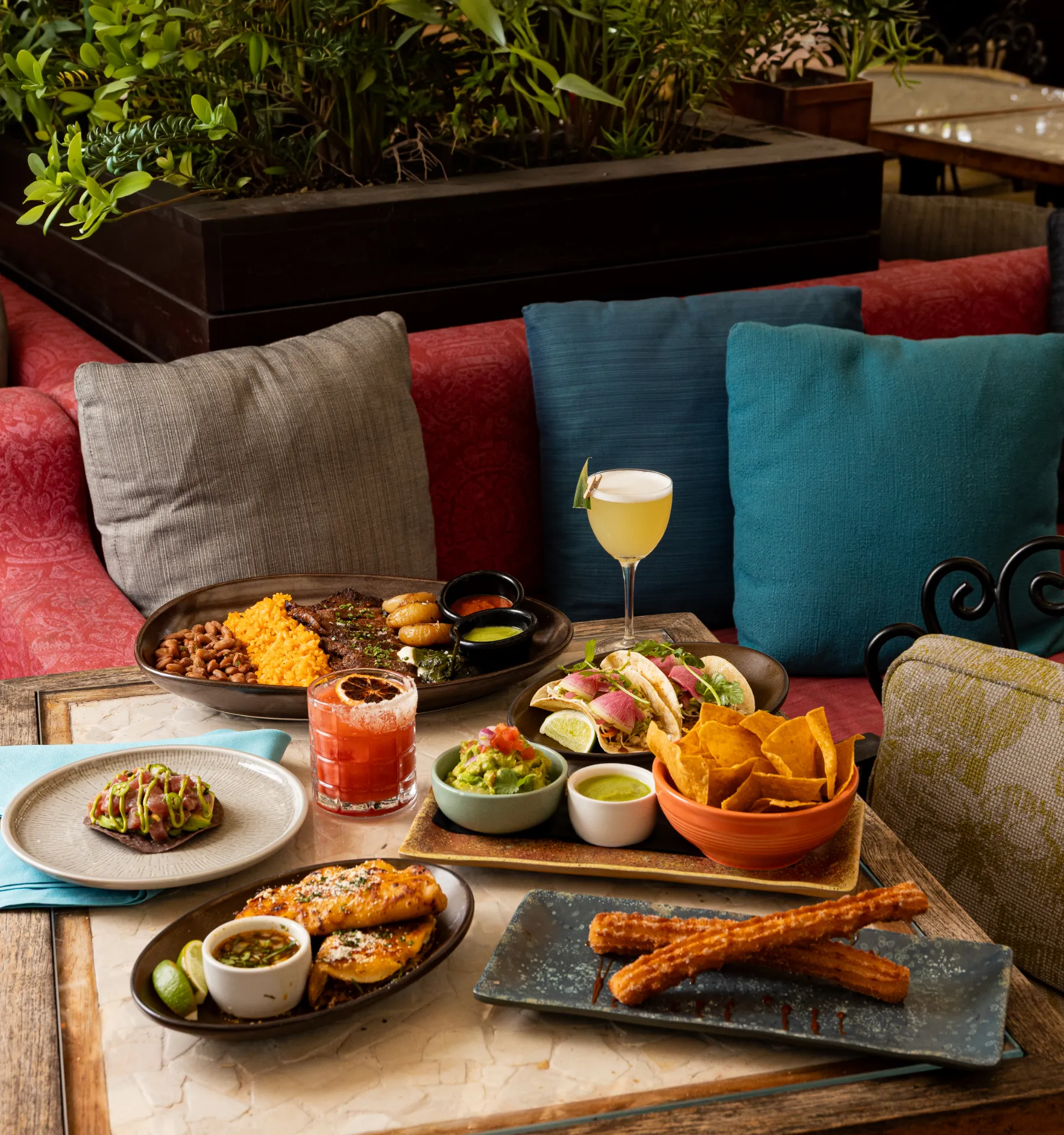 A table set with Mexican dishes including tacos, churros, chips with guacamole, grilled corn, two cocktails, and various sides. Cushioned seating and green plants are in the background.